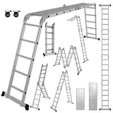 Ikodm 4x5 Stufen Mehrzweckleiter 5,82 m 7 in 1 Aluminium Multifunktionsleiter bis 150 kg mit 2 Transport Rollen und 2 Plattform, Gelenkleiter Klappleiter Stehleiter Aluleiter