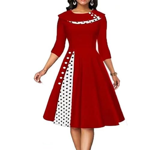 Damen Vintage Polka Dot Cocktail Swing Kleid Retro Patchwork Abend Lange Off Schulter Wave Point V Ausschnitt Kurze 3/4 Ärmel (Rot,L)