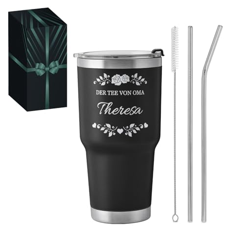 Maverton Edelstahl Kaffeebecher To Go mit Gravur 800 ml Schwarz - Thermobecher mit 2 Strohhalmen & Reinigungsbürste - Geschenke für Frauen - personalisiertes Geschenk für Oma