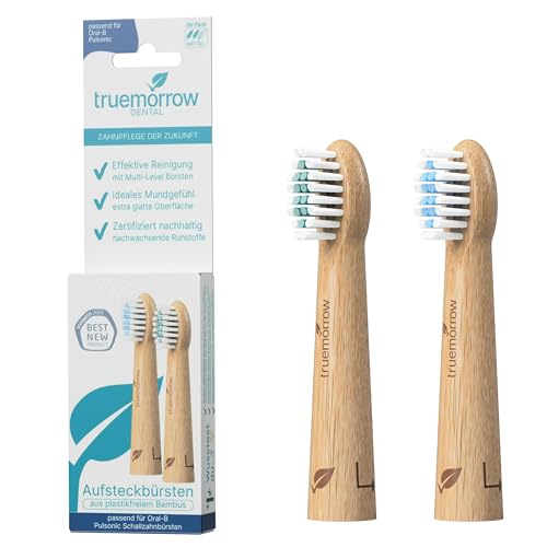 truemorrow Nachhaltige Aufsteckbürsten aus Bambus für Oral B Pulsonic Schallzahnbürste | 2 Stück | plastikfreier biologisch abbaubarer Griff | vegan klimaneutral | Mittlere Borsten | Blau Grün