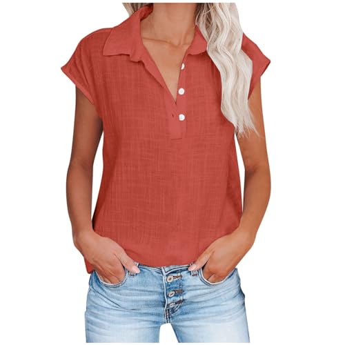 AEGJEGVD Sommer Leinenbluse Damen Elegante Baumwolle Tshirt Sexy V-Ausschnitt Oberteile Casual Einfarbig Tunika Longshirt mit Knopfleiste Leinen Sommershirts Leicht Atmungsaktiv Leinenhemd Shirt 2024