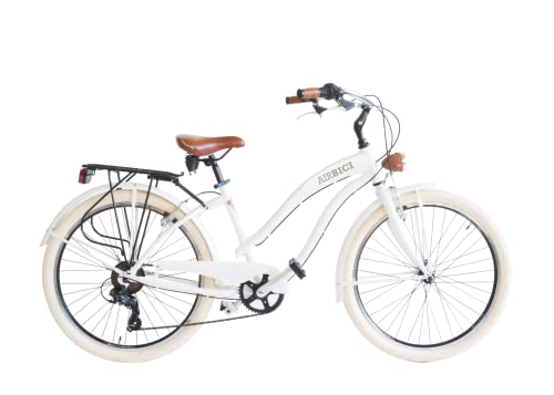 Airbici Fahrrad Beachcruiser Damen 26" Weiß | City-Bike | BeachCruiser Bike 26 Zoll 6-Gang, Aluminiumrahmen, Schutzbleche, LED-Licht und Gepäckträger