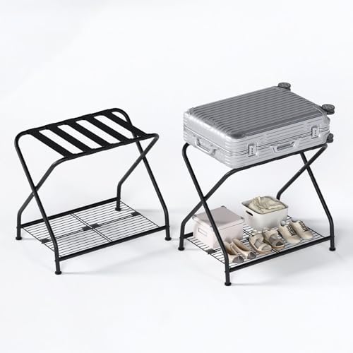 Meltrck 2 Stück Kofferständer Klappbar mit Regal - Metall Kofferablage Gepäckablage 64 x 44 x 55 cm, Platzsparend Kofferbock für Schlafzimmer Gästezimmer Hotel (Schwarz)
