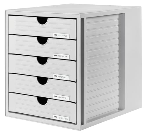 HAN Schubladenbox SYSTEMBOX mit 5 geschlossenen Schubladen für Unterlagen bis DIN C4, Schreibtisch oder im Schrank, inkl. Auszugsperre + Beschriftungsclip, möbelschonende Gummifüße, 1450-11, lichtgrau