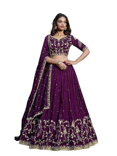 TRENDMALLS Damen Kunst Seide Stickerei Pailletten Arbeit Lehenga Choli mit Dupatta für Frauen (L280-Lila), violett, One size