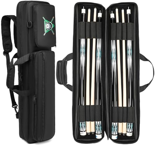 FRETHIND Pool Cue Case, Billard Queue Tasche für 4 Kolben wasserdichte Pool Queue Koffer mit 3 Große Taschen und Schultergurt, Weicher Billardqueue-Rucksack für Damen und Herren