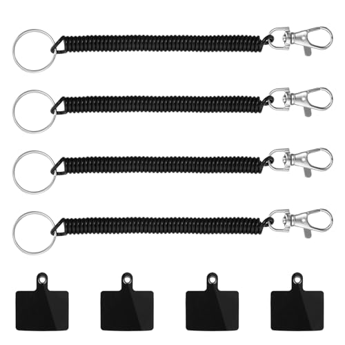 4 Stück Handykette mit flexiblem Spiralkabel Universale Lanyard Schlüsselband Handy Tether Lanyard Schwarzen Handyband Schlüsselanhänger für Mobiltelefone Anti-Diebstahl-Handyband mit Karabiner