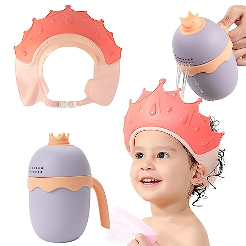 FUNUPUP Duschhaube Kinder mit Haarwaschbecher, Haarwaschhilfe Kinder Baby Haare Waschen Schutz (Krone Rosa)