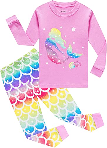 EULLA Kinder Schlafanzüge Mädchen Langarm Winter Pyjama Set Baumwolle Meerjungfrau Zweiteilig Nachtwäsche 5 Jahre alt 92 98 104 110 116 122 A-Rosa Meerjungfrau DE 110