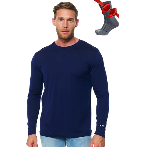 Merino.tech 100% Merino Unterwäsche Herren - Merino Langarmshirt Herren Atmungsaktiv Und Feuchtigkeitsableitend + Wollsocken (165 Navy, Large)