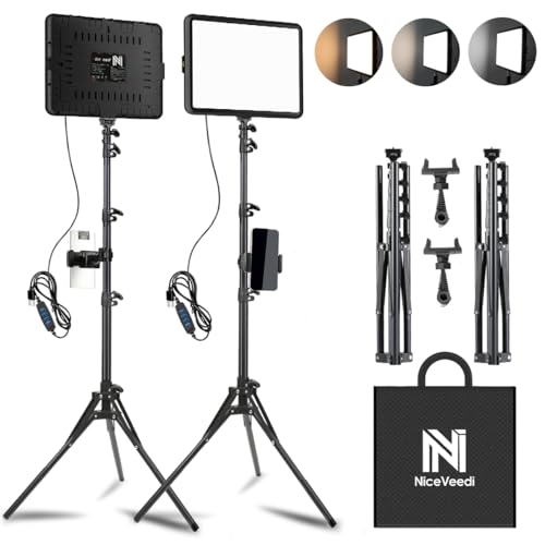 NiceVeedi 2 Stück LED VideoLicht Set, 2800–6500K, Dimmbar, Kontinuierliche Fotografie-Beleuchtung mit 1.6m Stativständer und Handyhalterung, Studio-Licht für Videoaufnahmen, YouTubee (15W 2-Pack)