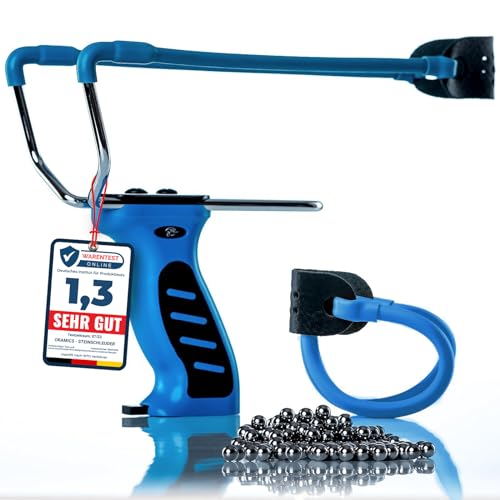 Oramics Steinschleuder Slingshot Set - 1x Portable Zwille Sportschleuder mit integriertem Munition Spender 1x Ersatzgummi 100x 6mm Kugel und 1x eBook zur Handhabung (Blau)