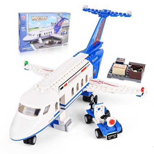 Blumacht City Passagierflug Flugzeug Baukasten, Flugzeug Modell mit Gepäckwagen, Bausteine Spielzeug, Flugzeug-Modell Geschenke für Jungen Mädchen ab 6 7 8 9 10 Jahre