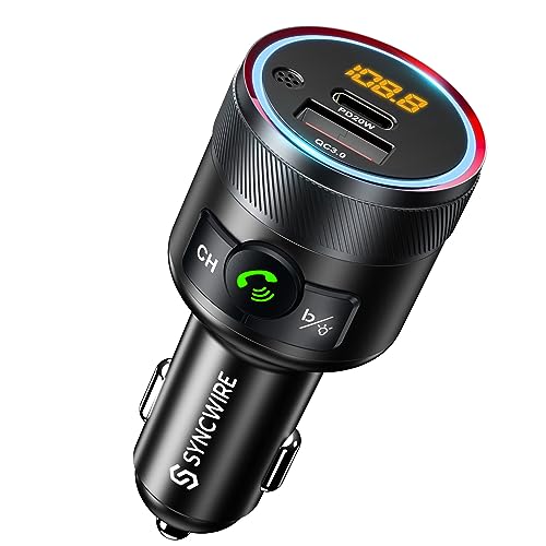 Syncwire Bluetooth 5.1 FM Transmitter für Auto, 38W PD&QC3.0 Schnelles Autoladegerät Drahtloses FM Radio Adapter Bass Sound Music Player Car Kit mit Freisprechfunktion USB-Laufwerk