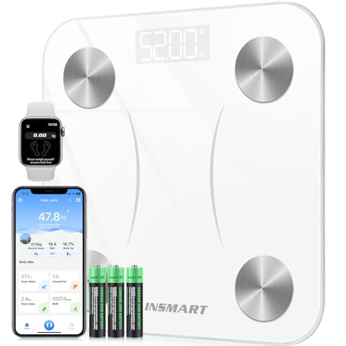 INSMART Körperfettwaage, Waage Personen Personenwaage digital mit APP, Bluetooth Waage für Körperfett, BMI, Gewicht, Pulsschlag, Muskelmasse, Wasser, Protein, Knochengewicht, BMR, usw. Weiß