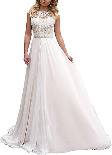 HUINI Damen Brautkleider Lang Prinzessin Hochzeitskleider Standesamtliche Chiffon A-Linie Brautmode Glitzer Vintage Brautkleider Weiß 40