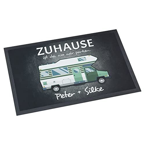 Unikatolo Fußmatte mit Name personalisiert - Fußabtreter, Wohnmobil, Camping, Abenteuer, Outdoor, Retro, türkis, dunkelgrau, individuell Bedruckt, Hochzeitsgeschenk, Paare, Urlaub, Reisen (50 x 35)