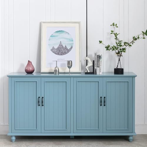 UEV Vintage Sideboard, 157x41x81cm, blau, Kommode mit 4 Türen und verstellbare Ablagen, Aufbewarhungsschrank, Kücheschrank, Beistellschrank, Mehrzweckschrank für Wohnzimmer Schlafzimmer Flur