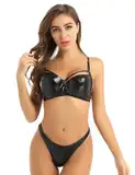 TiaoBug Damen Lack Leder Bügel BH Push Up Bra Unterwäsche Mini Tanga Erotische Dessous Set Bikini Hose Slip Bademode Schwarz L