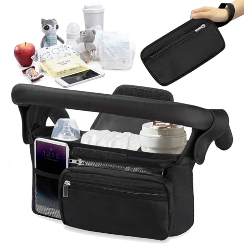 Cartlant Organizer Kinderwagen mit 2 Isoliertem Getränkehalter, Universal Kinderwagen Tasche mit Abnehmbarer Tasche und Schultergurt, Kinderwagentasche Wickeltasche Kinderwagen Zubehör Schwarz