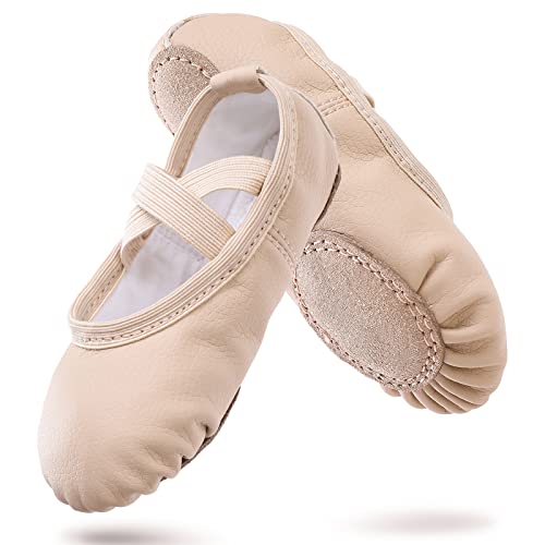 Ballettschuhe Mädchen Ballettschläppchen Gymnastik Tanzschuhe Ledersohle für Kinder Erwachsene Beige EU27