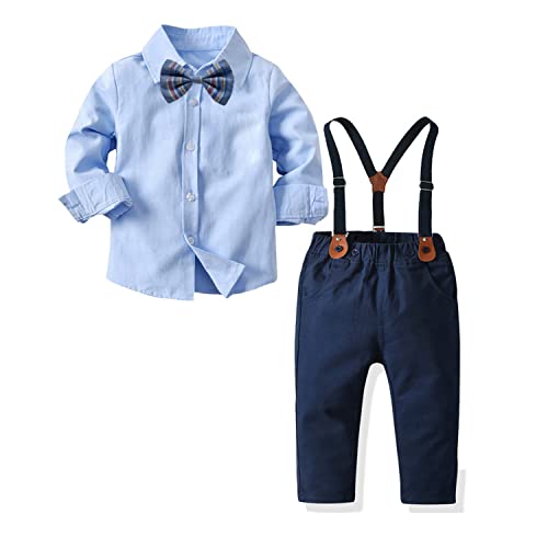 Volunboy Baby Jungen Anzug Set Bekleidung Hemd mit Fliege + Hosenträger Hosen Strampler Anzug(Blau,18-24 Monate,Größe 90)