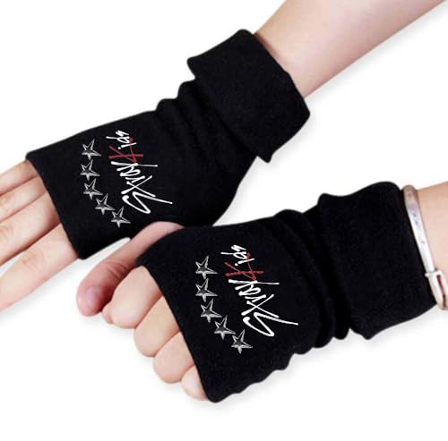1 Paar Stray Kids Handschuhe Fingerlos, Straykids Strickhandschuhe, Kpop Schwarz Winter Gloves mit 1 SKZ 3D Aufkleber und 2 SKZ Photocard, Kpop Fanartikel Geschenk für Stay