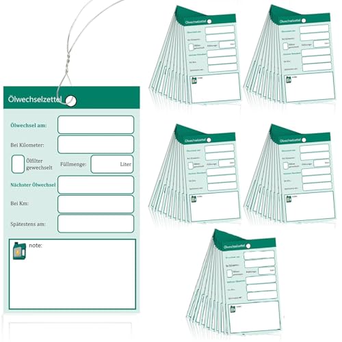 Ölwechsel Schilder Aufkleber,Service Zettel,Kundendienst Anhänger,Ölwechsel Anhänger,Ölwechselzettel,Inspektion Etikett mit Draht,Daten Sind Individuell Ankreuzbar und Ausfüllbar,Grün,50 Stück,6x10cm
