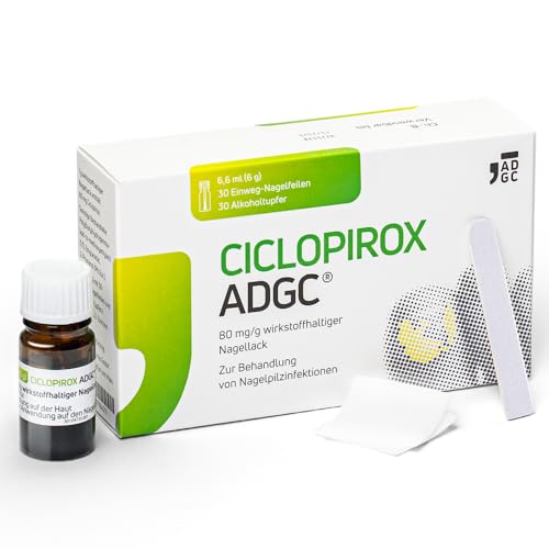 CICLOPIROX ADGC® 80mg/g 6,6ml - wirkstoffhaltiger Nagellack zur effektiven Behandlung von Nagelpilz - Set mit 30 Einwegpfeilen & Alkoholtupfern - leichte Anwendung - transparent & wasserfest