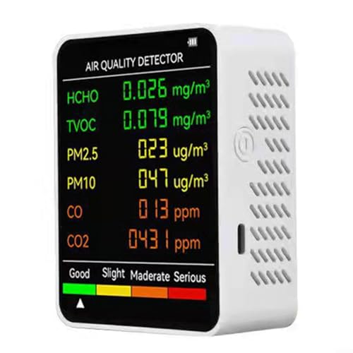 Luftqualitätsmonitor, 6-in-1 multifunktionaler Kohlendioxid-Detektor PM2.5 PM10 TVOC Temperatur Luftfeuchtigkeitstester mit großem Display, für den Innenbereich (weiß)