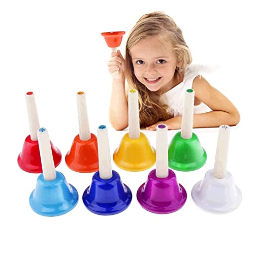 Alnicov Musik Handglocke, Alnicov Rhythmus Band Kinder Spielen Handglocken, 8 Sound, 8 Farben Musikglocke Für Kinder, Senior, Lehrer, Schreibtischglocke Metall Handglocken Set (Ein Satz Von 8 Noten)