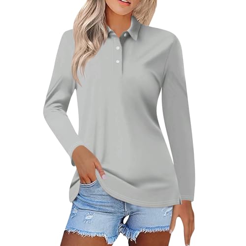 Cihdmfb Poloshirt Damen V Ausschnitt Lange Ärmel Hemd Elegant Einfarbige Langarm Bluse Casual Rundhals Knopfkragen Sommershirts Oversized Locker Atmungsaktiv Oberteile Streetwear(A Grau,XL)