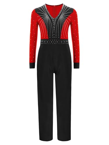 Yruioon Kinder Turnanzug Jungen Glitzer Gymnastikanzug Langarm Ballettanzug Ganzkörper Trikot Leotard Eiskunstlauf Body Sport Overall Jumpsuit Rot 122-128