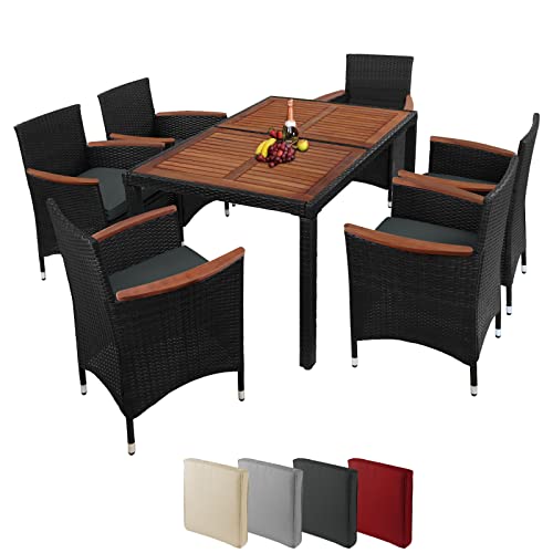 Montafox Sitzgruppe 6 Personen Poly Rattan Sitzgarnitur Akazienholz Tisch 130 x 90cm Sitzkissen 6cm Terrasse Garten Essgruppe Schwarz Gartenmöbel Set, Farbe:Titan-Schwarz/Nachtschwärmergrau