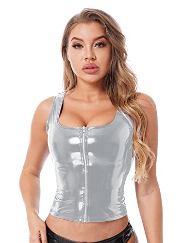 iEFiEL Damen Wetlook Crop Top Leder-Optik Tank Top Glänzende Korsett BH Oberteil Kurze Ärmellos Shirt Clubwear Kostüm Rave Party T Silber M