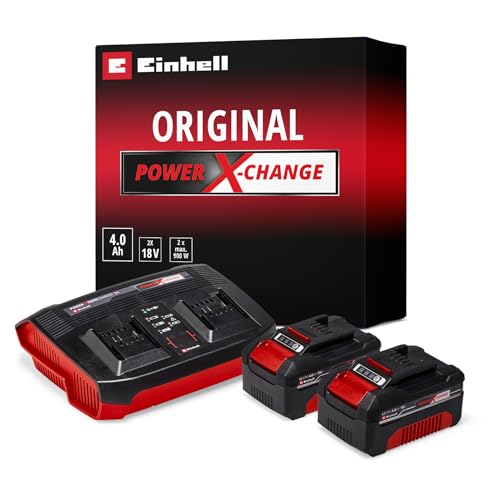 Original Einhell Starter Kit 2x 4,0 Ah Akkus und Twincharger Power X-Change (Li-Ion, 18 V, 75 min Ladezeit, passend für alle Power X-Change Geräte)