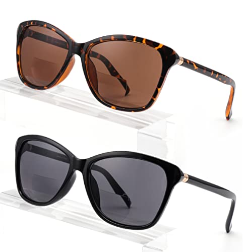 Missfive 2 Pack Vintage Bifokale Sonnenbrille mit Sehstärke Damen Klassisch Lesesonnenbrille Frauen schwarz Schildkröte Retro Cat Eye Brille, UV Schutz Sunglasses für Fahren, +1.50