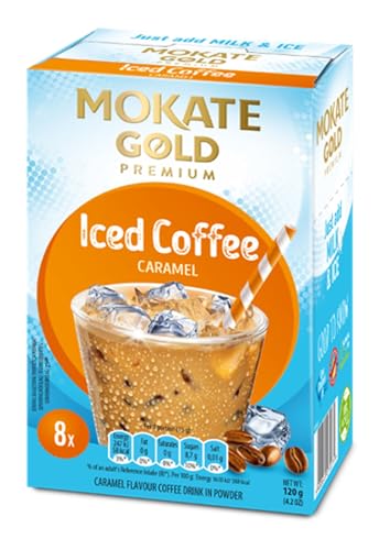 Mokate Gold - Eiskaffee Karamell - 8 Sachets - Erfrischender Instant-Kaffee mit Karamellgeschmack, Cremig & Süß, Perfekt für Kalte Milch & Eiswürfel - Ohne Konservierungsstoffe - Iced Coffee - 120g