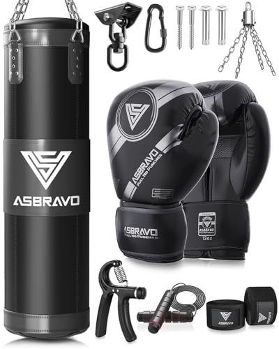 ASBRAVO Boxsack für Erwachsene, 4ft Oxford Heavy Boxing Bag Set 12OZ Handschuhe für MMA Muay Thai Kickboxing Training Home Gym, Martial Art (ungefüllt)-Schwarz