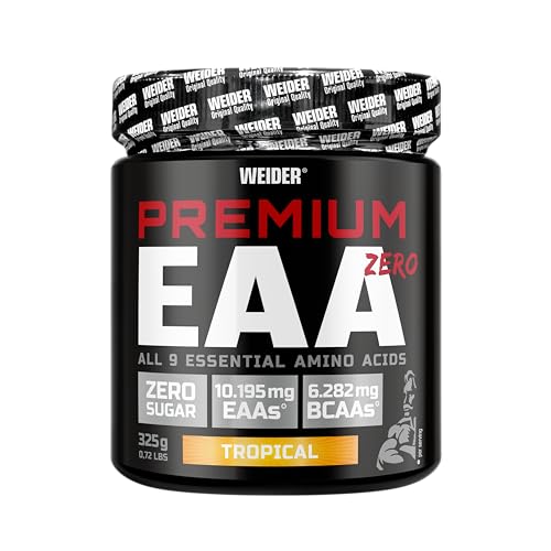 WEIDER Premium EAA Pulver Zero, Tropical Geschmack, alle 9 essentiellen Aminosäuren hochdosiert, leicht lösliches für leckeren Amino Drink mit hohem BCAA Gehalt, vegan & zuckerfrei, 325 g