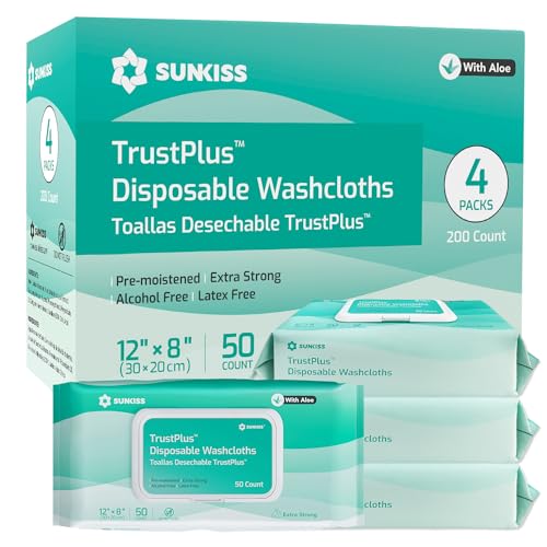 SUNKISS Trustplus Feuchttücher für Erwachsene, Extra Dick 20x30 cm Körperreinigungstücher mit Aloe für ältere Inkontinenz & Reinigung, 200 Stück (4 Packungen mit 50)