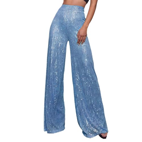 Generisch Damen Freizeithosen glitzernde Pailletten, hohe Taille, weites Bein, Schlaghose, Schlaghose, Nachtclub-Kleidung Hose Damen Kurz Blau (Blue, S)