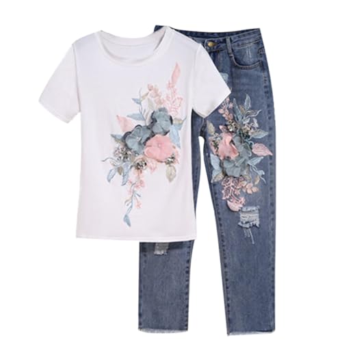 2 Teilig Modische Gerade Bein Jeanshose Outdoor Freizeitanzug Mit DREI Blumen Grenze Beliebter Frühling Sommer Besticktes T Shirt Zerrissene Jeans Langes Damen Hosenanzug Lässig (White, M)