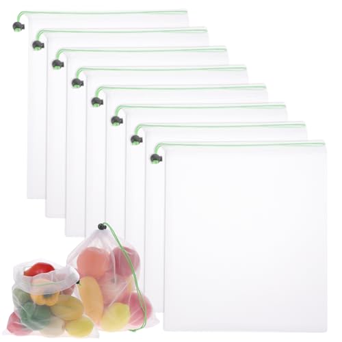 TIESOME 8 Stück Obst Gemüse Netztasche, Wiederverwendbar Transparente Netzbeutel mit Kordelzug Produce Mesh Bags für Lebensmittel, Gemüse, Obst, Haushalt, Spielzeug, Kleinteile