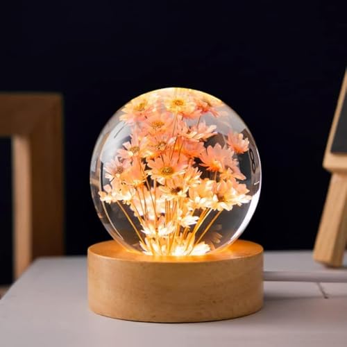 MARZIUS Blumen-Kristallkugel-Nachtlicht, 6 cm Glaskugel-Nachtlampe mit Holzsockel, Dekorationen, Geschenke für Männer, Frauen, Kinder, Jungen, Mädchen, Teenager (rote Gänseblümchen)