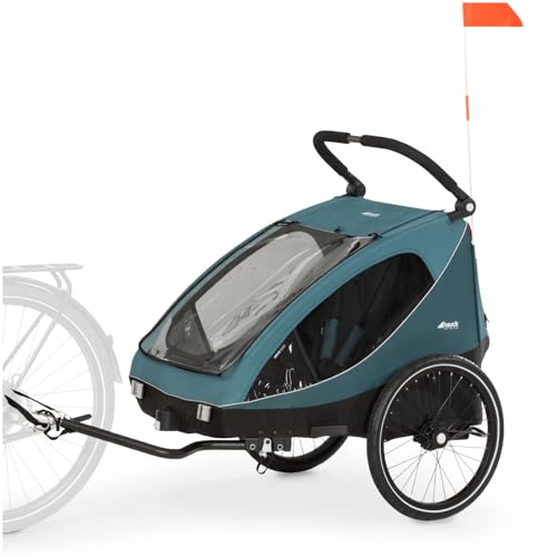 hauck 2in1 Fahrradanhänger & Buggy für 2 Kinder ab 6 Monaten bis 120 cm oder 22 kg Dryk Duo inkl. Deichsel, Kupplung, Buggyrad, Wimpel & Rücklicht, Zusammenklappbar, XL Kofferraum (Ocean Green)