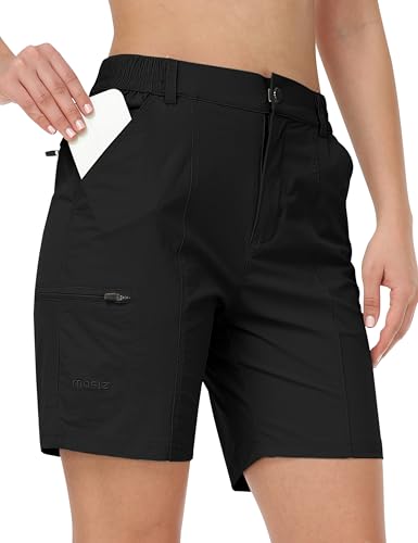 AjezMax Cargo Shorts Damen Outdoor Shorts Trekkinghose Kurz Leichte Stretch Golf Hose mit Reißverschlusstaschen Schwarz L