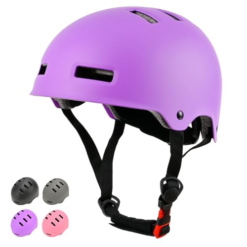 LOKJIJI Verstellbarer Kinder-Fahrradhelm für Jungen, Mädchen, Jugendliche, Erwachsene, Kinder-Schutzhelme für Multi-Sport-Skateboard, Roller, Fahrrad, Radfahren, Skaten, Rollerblading, Lila, Größe M
