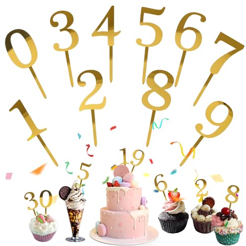 Mezrkuwr 10 Stück Nummer Cake Topper Zahlen 0-9 Geburtstag Tortendeko Kuchenstecker Cupcake, Acrylmaterial Geeignet für Geburtstagsfeiern Jeden Alters Hochzeitsparty