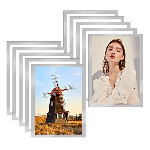 YUE QIN 10 Stück Magnetrahmen A4 Info-Rahmen Selbstklebend mit Magnetverschluss Schnelles Wechseln von Aushängen Dokument Halter für Büro Ausstellungsraum Heimgebrauch (Silber Rand)